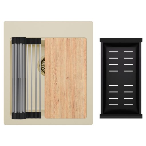 HD Infinity Beige 43 egymedencés gránit mosogatótálca szett, vágódeszkával, acél csepegtetőráccsal és matt fekete kosárral, soft bézs színben, szálcsiszolt arany leeresztő szifonnal