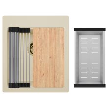 HD Infinity Beige 43 egymedencés gránit mosogatótálca szett, vágódeszkával, acél csepegtetőráccsal és kosárral, soft bézs színben, szálcsiszolt arany leeresztő szifonnal