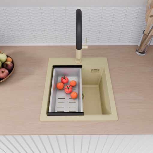 HD Infinity Beige 43 egymedencés gránit mosogatótálca szett, vágódeszkával, acél csepegtetőráccsal és kosárral, soft bézs színben, szálcsiszolt arany leeresztő szifonnal