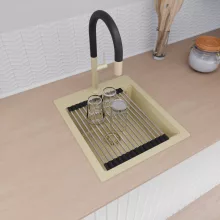 HD Infinity Beige 43 egymedencés gránit mosogatótálca szett, vágódeszkával, acél csepegtetőráccsal, soft bézs színben, szálcsiszolt arany leeresztő szifonnal