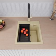 HD Infinity Beige 43 egymedencés gránit mosogatótálca szett, vágódeszkával, matt fekete csepegtetőkosárral, soft bézs színben, szálcsiszolt arany leeresztő szifonnal