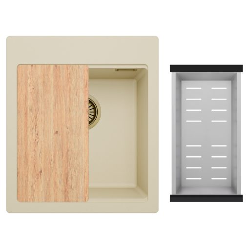 HD Infinity Beige 43 egymedencés gránit mosogatótálca szett, vágódeszkával, acél csepegtetőkosárral, soft bézs színben, szálcsiszolt arany leeresztő szifonnal