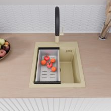 HD Infinity Beige 43 egymedencés gránit mosogatótálca szett, vágódeszkával, acél csepegtetőkosárral, soft bézs színben, szálcsiszolt arany leeresztő szifonnal