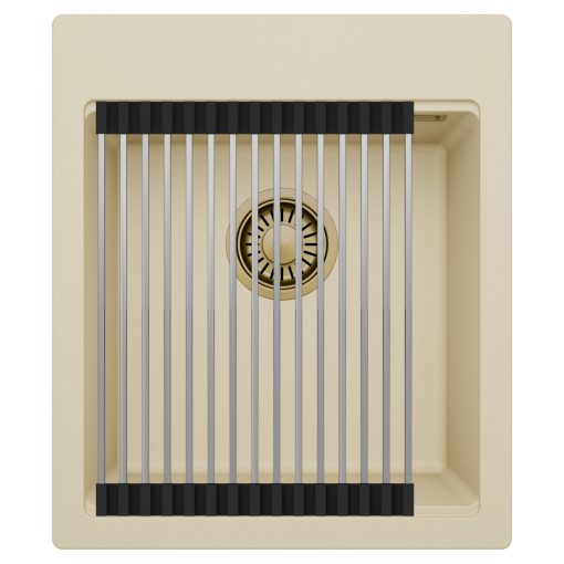 HD Infinity Beige 43 egymedencés gránit mosogatótálca szett, acél csepegtetőráccsal, soft bézs színben, szálcsiszolt arany leeresztő szifonnal