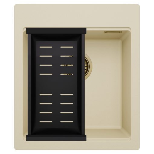 HD Infinity Beige 43 egymedencés gránit mosogatótálca szett, matt fekete csepegtetőkosárral, soft bézs színben, szálcsiszolt arany leeresztő szifonnal