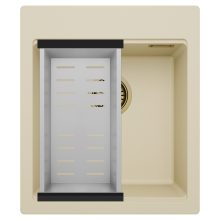 HD Infinity Beige 43 egymedencés gránit mosogatótálca szett, acél csepegtetőkosárral, soft bézs színben, szálcsiszolt arany leeresztő szifonnal