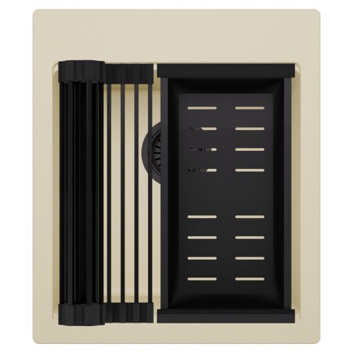 HD Infinity Beige 43 egymedencés gránit mosogatótálca szett, matt fekete csepegtetőráccsal és kosárral, soft bézs színben, matt fekete leeresztő szifonnal