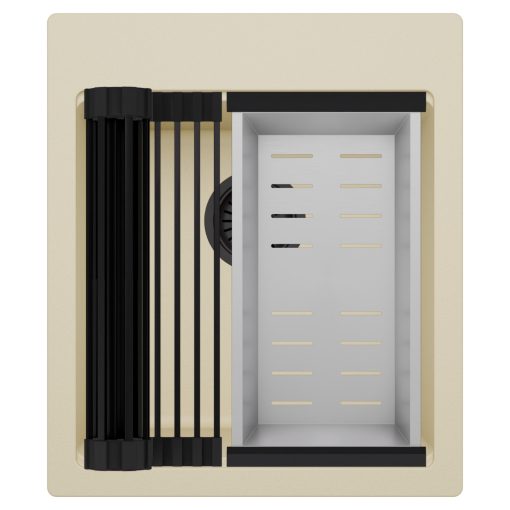 HD Infinity Beige 43 egymedencés gránit mosogatótálca szett, matt fekete csepegtetőráccsal és krómozott kosárral, soft bézs színben, matt fekete leeresztő szifonnal