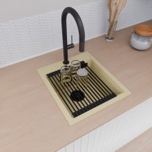 HD Infinity Beige 43 egymedencés gránit mosogatótálca szett, matt fekete csepegtetőráccsal és krómozott kosárral, soft bézs színben, matt fekete leeresztő szifonnal