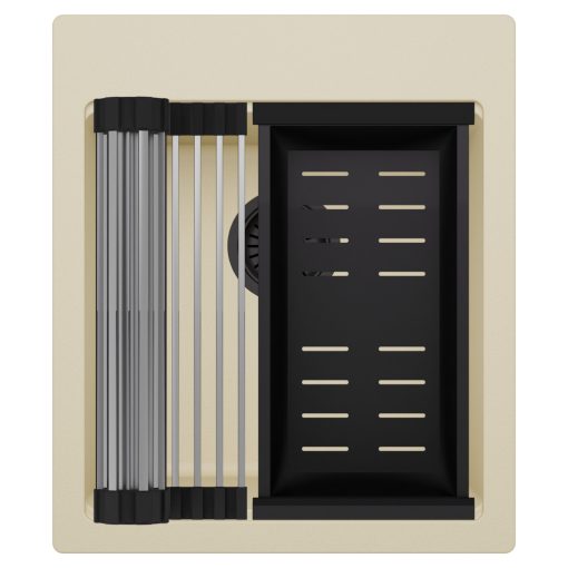 HD Infinity Beige 43 egymedencés gránit mosogatótálca szett, acél csepegtetőráccsal és matt fekete kosárral, soft bézs színben, matt fekete leeresztő szifonnal