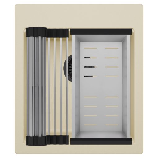 HD Infinity Beige 43 egymedencés gránit mosogatótálca szett, acél csepegtetőráccsal és kosárral, soft bézs színben, matt fekete leeresztő szifonnal