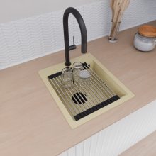 HD Infinity Beige 43 egymedencés gránit mosogatótálca szett, acél csepegtetőráccsal és kosárral, soft bézs színben, matt fekete leeresztő szifonnal