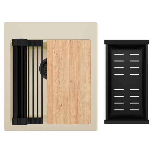 HD Infinity Beige 43 egymedencés gránit mosogatótálca szett, vágódeszkával, matt fekete csepegtetőráccsal és kosárral, soft bézs színben, matt fekete leeresztő szifonnal