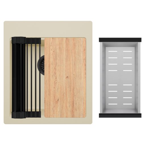 HD Infinity Beige 43 egymedencés gránit mosogatótálca szett, vágódeszkával, matt fekete csepegtetőráccsal és krómozott kosárral, soft bézs színben, matt fekete leeresztő szifonnal