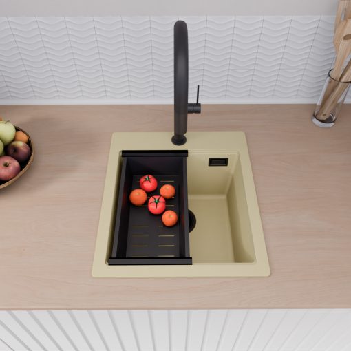 HD Infinity Beige 43 egymedencés gránit mosogatótálca szett, vágódeszkával, acél csepegtetőráccsal és matt fekete kosárral, soft bézs színben, matt fekete leeresztő szifonnal