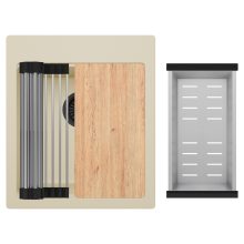 HD Infinity Beige 43 egymedencés gránit mosogatótálca szett, vágódeszkával, acél csepegtetőráccsal és kosárral, soft bézs színben, matt fekete leeresztő szifonnal