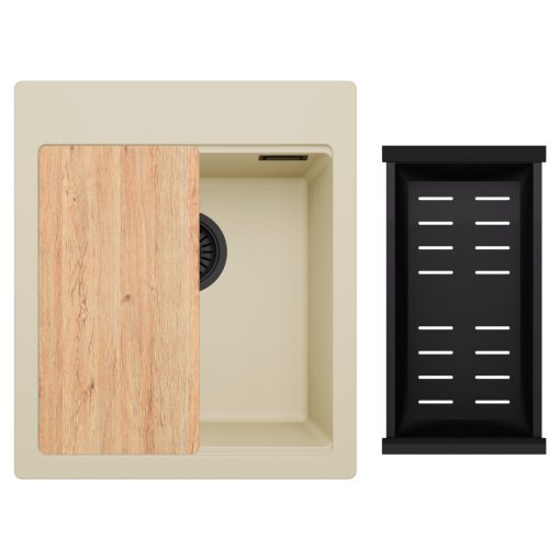 HD Infinity Beige 43 egymedencés gránit mosogatótálca szett, vágódeszkával, matt fekete csepegtetőkosárral, soft bézs színben, matt fekete leeresztő szifonnal