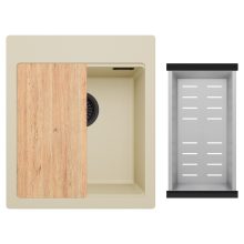 HD Infinity Beige 43 egymedencés gránit mosogatótálca szett, vágódeszkával, acél csepegtetőkosárral, soft bézs színben, matt fekete leeresztő szifonnal