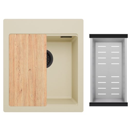 HD Infinity Beige 43 egymedencés gránit mosogatótálca szett, vágódeszkával, acél csepegtetőkosárral, soft bézs színben, matt fekete leeresztő szifonnal