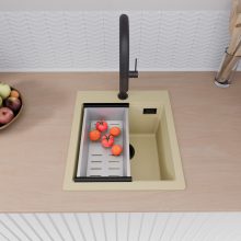 HD Infinity Beige 43 egymedencés gránit mosogatótálca szett, vágódeszkával, acél csepegtetőkosárral, soft bézs színben, matt fekete leeresztő szifonnal