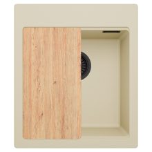 HD Infinity Beige 43 egymedencés gránit mosogatótálca, vágódeszkával, soft bézs színben, matt fekete leeresztő szifonnal
