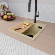 HD Infinity Beige 43 egymedencés gránit mosogatótálca, vágódeszkával, soft bézs színben, matt fekete leeresztő szifonnal