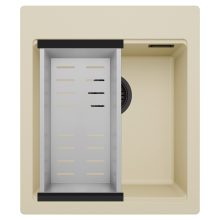 HD Infinity Beige 43 egymedencés gránit mosogatótálca szett, acél csepegtetőkosárral, soft bézs színben, matt fekete leeresztő szifonnal