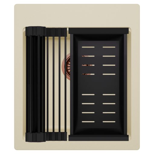 HD Infinity Beige 43 egymedencés gránit mosogatótálca szett, matt fekete csepegtetőráccsal és kosárral, soft bézs színben, szálcsiszolt réz leeresztő szifonnal