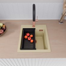 HD Infinity Beige 43 egymedencés gránit mosogatótálca szett, matt fekete csepegtetőráccsal és kosárral, soft bézs színben, szálcsiszolt réz leeresztő szifonnal