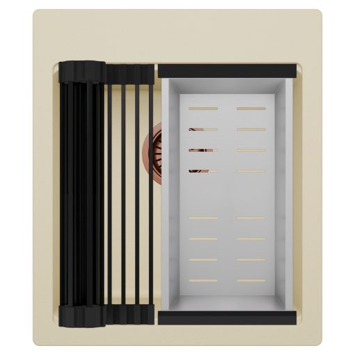 HD Infinity Beige 43 egymedencés gránit mosogatótálca szett, matt fekete csepegtetőráccsal és krómozott kosárral, soft bézs színben, szálcsiszolt réz leeresztő szifonnal