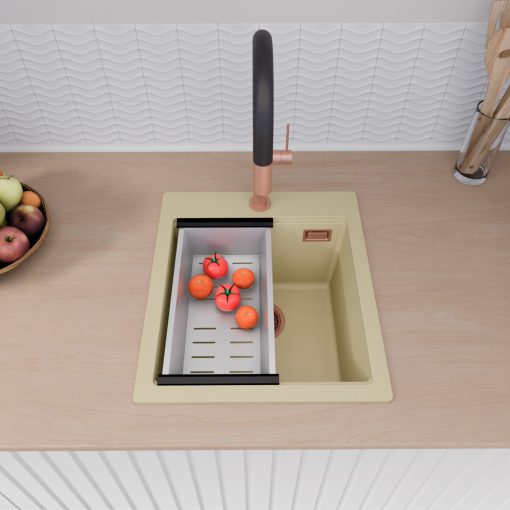 HD Infinity Beige 43 egymedencés gránit mosogatótálca szett, matt fekete csepegtetőráccsal és krómozott kosárral, soft bézs színben, szálcsiszolt réz leeresztő szifonnal