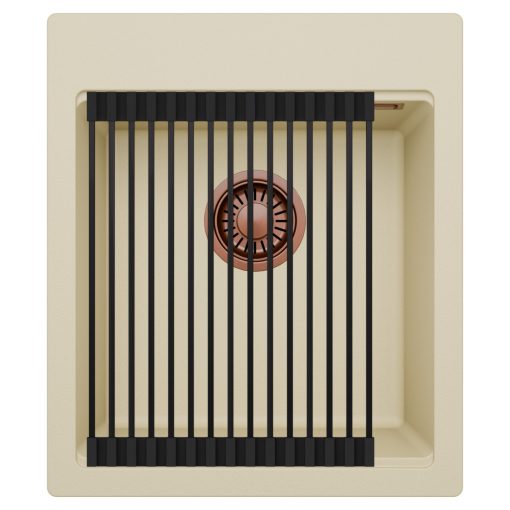 HD Infinity Beige 43 egymedencés gránit mosogatótálca szett, matt fekete csepegtetőráccsal, soft bézs színben, szálcsiszolt réz leeresztő szifonnal