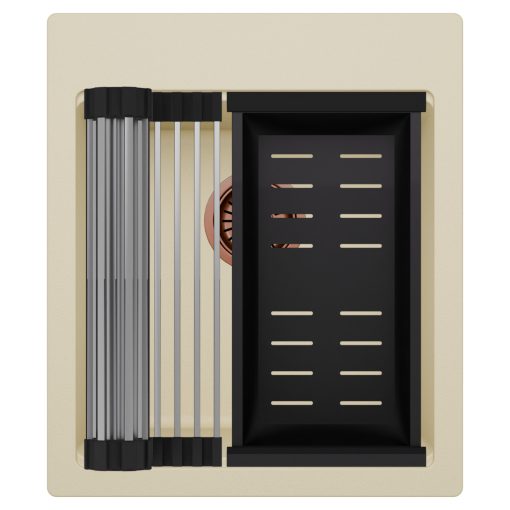 HD Infinity Beige 43 egymedencés gránit mosogatótálca szett, acél csepegtetőráccsal és matt fekete kosárral, soft bézs színben, szálcsiszolt réz leeresztő szifonnal