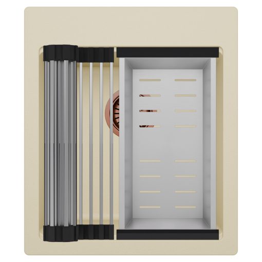 HD Infinity Beige 43 egymedencés gránit mosogatótálca szett, acél csepegtetőráccsal és kosárral, soft bézs színben, szálcsiszolt réz leeresztő szifonnal