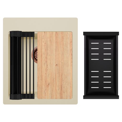 HD Infinity Beige 43 egymedencés gránit mosogatótálca szett, vágódeszkával, matt fekete csepegtetőráccsal és kosárral, soft bézs színben, szálcsiszolt réz leeresztő szifonnal