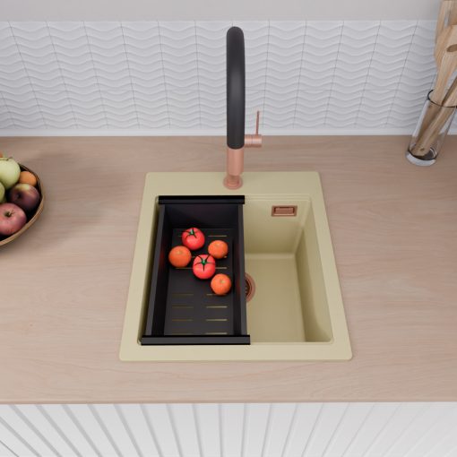 HD Infinity Beige 43 egymedencés gránit mosogatótálca szett, vágódeszkával, matt fekete csepegtetőráccsal és kosárral, soft bézs színben, szálcsiszolt réz leeresztő szifonnal