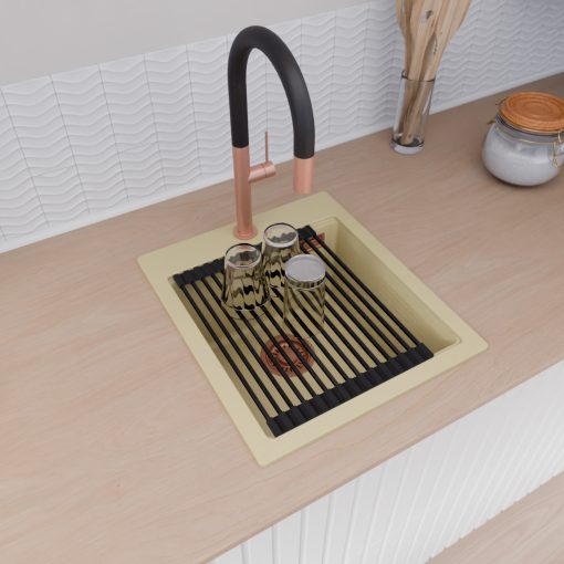 HD Infinity Beige 43 egymedencés gránit mosogatótálca szett, vágódeszkával, matt fekete csepegtetőráccsal és krómozott kosárral, soft bézs színben, szálcsiszolt réz leeresztő szifonnal