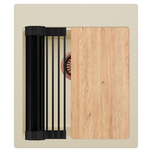 HD Infinity Beige 43 egymedencés gránit mosogatótálca szett, vágódeszkával, matt fekete csepegtetőráccsal, soft bézs színben, szálcsiszolt réz leeresztő szifonnal