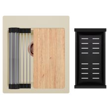 HD Infinity Beige 43 egymedencés gránit mosogatótálca szett, vágódeszkával, acél csepegtetőráccsal és matt fekete kosárral, soft bézs színben, szálcsiszolt réz leeresztő szifonnal