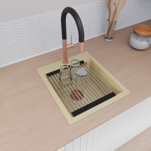 HD Infinity Beige 43 egymedencés gránit mosogatótálca szett, vágódeszkával, acél csepegtetőráccsal és kosárral, soft bézs színben, szálcsiszolt réz leeresztő szifonnal