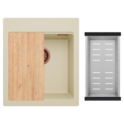 HD Infinity Beige 43 egymedencés gránit mosogatótálca szett, vágódeszkával, acél csepegtetőkosárral, soft bézs színben, szálcsiszolt réz leeresztő szifonnal