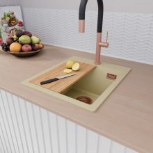 HD Infinity Beige 43 egymedencés gránit mosogatótálca szett, vágódeszkával, acél csepegtetőkosárral, soft bézs színben, szálcsiszolt réz leeresztő szifonnal