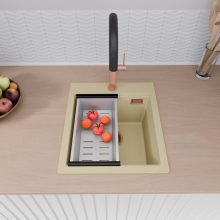 HD Infinity Beige 43 egymedencés gránit mosogatótálca szett, vágódeszkával, acél csepegtetőkosárral, soft bézs színben, szálcsiszolt réz leeresztő szifonnal