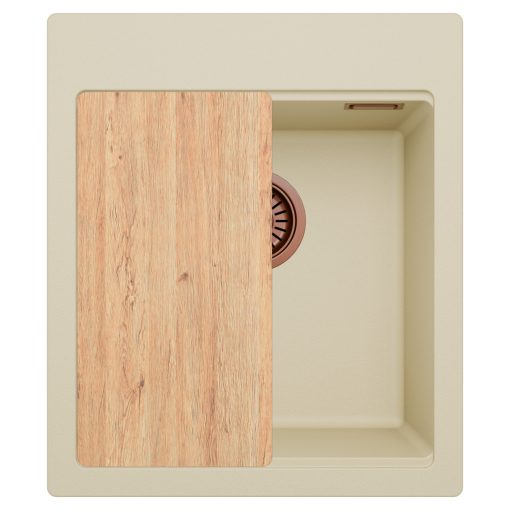 HD Infinity Beige 43 egymedencés gránit mosogatótálca, vágódeszkával, soft bézs színben, szálcsiszolt réz leeresztő szifonnal