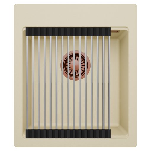 HD Infinity Beige 43 egymedencés gránit mosogatótálca szett, acél csepegtetőráccsal, soft bézs színben, szálcsiszolt réz leeresztő szifonnal