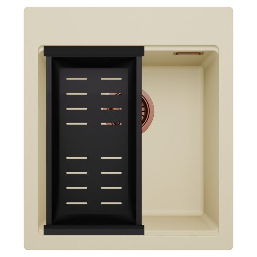 HD Infinity Beige 43 egymedencés gránit mosogatótálca szett, matt fekete csepegtetőkosárral, soft bézs színben, szálcsiszolt réz leeresztő szifonnal