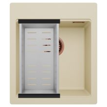 HD Infinity Beige 43 egymedencés gránit mosogatótálca szett, acél csepegtetőkosárral, soft bézs színben, szálcsiszolt réz leeresztő szifonnal