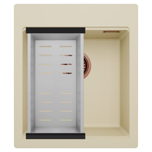 HD Infinity Beige 43 egymedencés gránit mosogatótálca szett, acél csepegtetőkosárral, soft bézs színben, szálcsiszolt réz leeresztő szifonnal