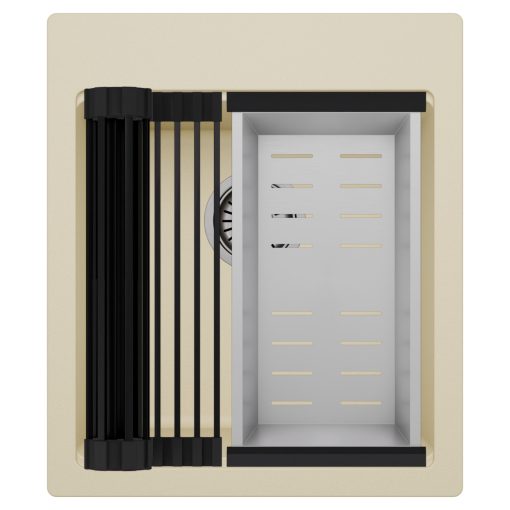 HD Infinity Beige 43 egymedencés gránit mosogatótálca szett, matt fekete csepegtetőráccsal és krómozott kosárral, soft bézs színben