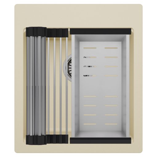 HD Infinity Beige 43 egymedencés gránit mosogatótálca szett, acél csepegtetőráccsal és kosárral, soft bézs színben
